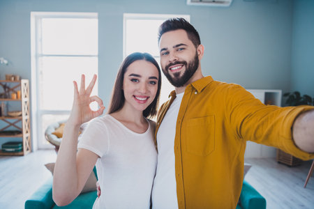 Portrait of two young people selfie okey symbol weekend pastime modern interior flat indoorsの写真素材