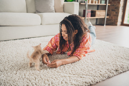 Photo of positive good mood woman dressed checkered shirt playing baby cat lying foor indoors house apartment roomの写真素材