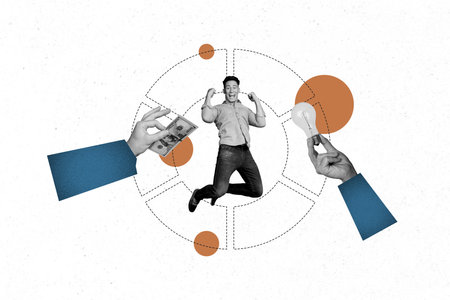 Composite photo collage of happy businessman receive cash income light bulb solution cash profit isolated on painted backgroundの写真素材