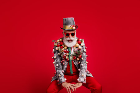 Photo of happy cheerful old man dancing enjoy party wear christmas tree balls costume sunglasses isolated red color backgroundの写真素材