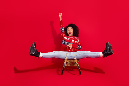 Full length photo of lucky attractive lady dressed ornament pullover sledding enjoying x-mas day...
