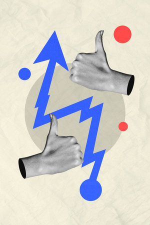 Composite trend artwork 3D sketch image photo collage of workspace red blues line element ball arm sign hand show gesture thumb recommendの写真素材