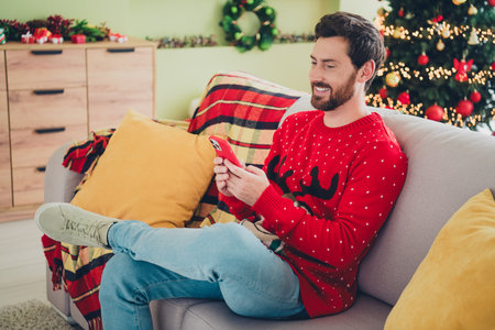 Portrait of nice young man use smart phone sweater christmas holiday time flat indoorsの写真素材
