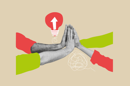 Composite creative art collage of business people handshake gesture arrow aim achievement success...