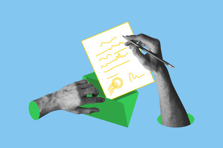 Composite trend artwork sketch image collage of hand hold paper write document signature communication approval agreement processの写真素材