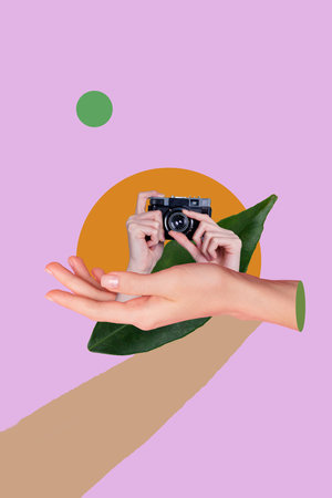 Vertical poster collage hands body fragments take picture camera shooting photographer hobby professional paparazzi green leafの写真素材