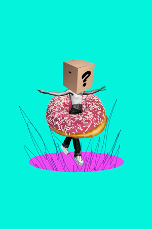 Vertical photo collage of anonym girl wear cardboard box question mark donut delivery service sweet dessert isolated on painted backgroundの写真素材