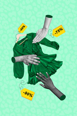 Trend artwork sketch image photo collage of black friday discount offer low price clothes glamour big sale fashion green dress hand touchの写真素材