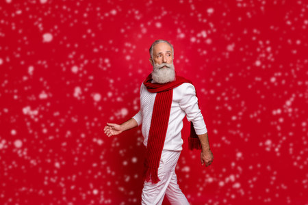 Portrait of classy retired man walking looking wearing white pullover pants trousers isolated over red backgroundの写真素材