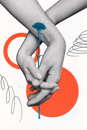 Vertical poster collage human hands hold each other lovers couple partners valentine day february date flower drawing doodlesの写真素材