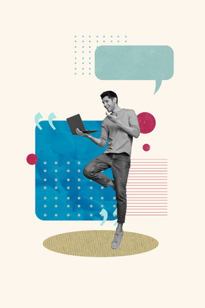 Trend artwork composite sketch photo collage of online meeting man stand work laptop read talk speech cloud bubble dialog textboxの写真素材