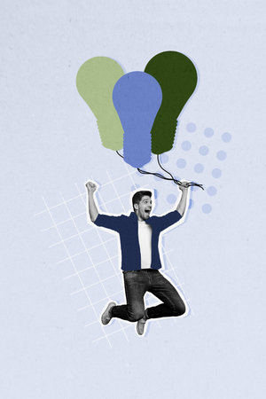 Vertical photo collage of happy man jump rope air balloon light bulb imitation idea solution think...