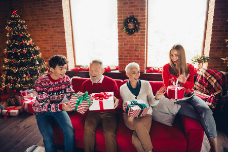 Photo of big full family sit sofa hold desirable giftbox gather celebrate christmas home apartment...