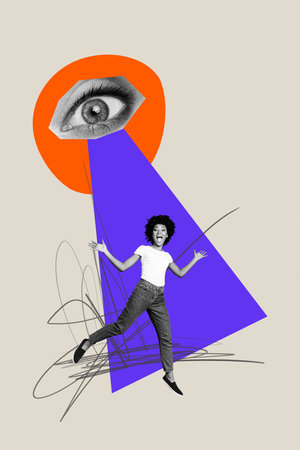 Vertical creative art collage of astonished american girl ufo eyeball spaceship robbery control spy isolated on painting backgroundの写真素材