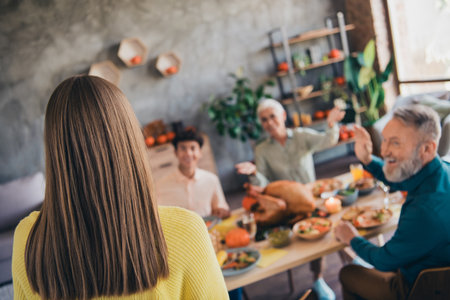 Portrait of big friendly family have good mood celebrate thanksgiving day dinner together flat indoorsの写真素材