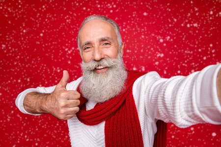 Self-portrait of his he nice attractive confident content cheerful cheery gray-haired man grandpa...