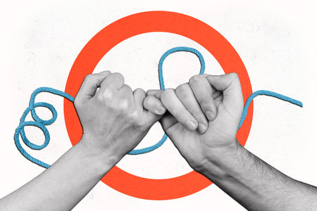 Composite photo collage of people hands crossed pinky cooperation couple swear promise love...