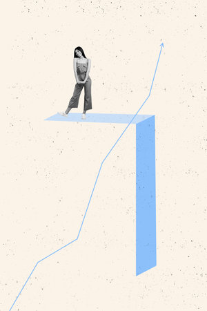 Composite trend artwork sketch photo collage of copybook workplace young lady competition stand model posing edge cliff platform arrow upの写真素材