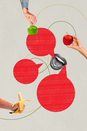 Vertical photo collage of hands hold vitamin fruit apple banana juicy detox diet nutrition healthy mouth isolated on painted backgroundの写真素材