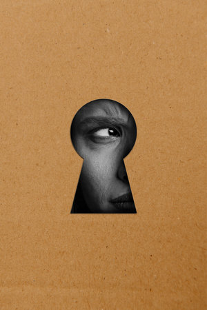 Vertical composite artwork collage image picture of woman eye look through keyhole isolated on creative backgroundの写真素材