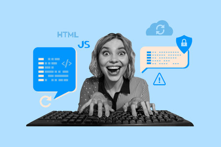 Composite photo collage of crazy girl it master type keypad interface webpage icon java-script...