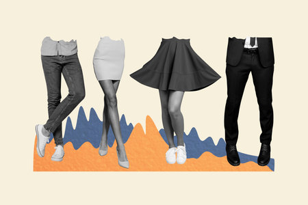 Creative collage image young people headless body fragments legs stand jeans dress skirt elegant sexy woman high heels businessman suitの写真素材