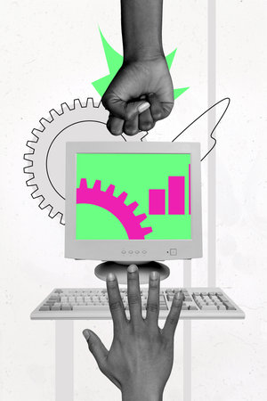 Collage picture image of person modern technology pc settings isolated on drawing background