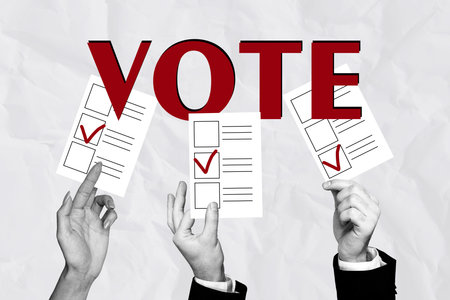 Collage artwork of people use vote presidential legal election referendum holding bulletin checkmark...