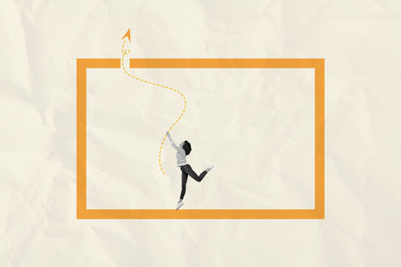 Composite collage picture image of female businesswoman break borders think outside box bizarre unusual fantasy billboard comicsの写真素材