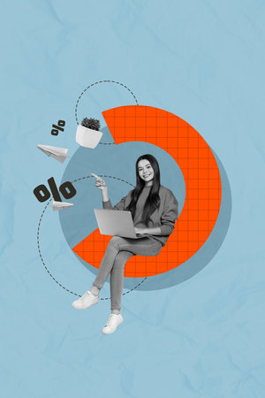 Vertical creative art collage of happy business girl point diagram stats flower pot plane percent sale isolated on painting backgroundの写真素材