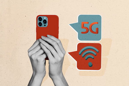 Poster creative banner collage of person hold smart phone using high fast speed connectionの写真素材