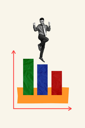 Vertical photo collage of happy businessman jump career development progress arrow up growth aim isolated on painted backgroundの写真素材