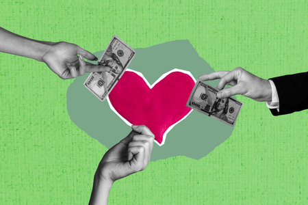 Composite photo collage of hands hold cash dollar income heart valentine present celebration bonus...