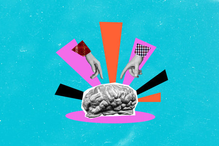 Composite photo collage of hands point core brain cortex neurology science museum statue wise organ isolated on painted backgroundの写真素材