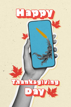 Vertical photo collage of hand hold phone device happy thanksgiving day autumn leaves carrot order harvest isolated on painted backgroundの写真素材