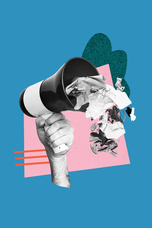 Vertical collage hand body fragment announce information trash propaganda brainwashing rubbish activist speech drawing backgroundの写真素材