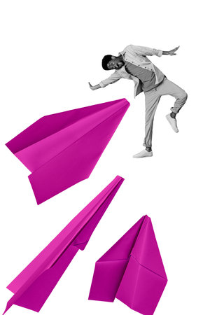 Vertical composite artwork collage image picture of mini guy huge paper planes isolated on creative backgroundの写真素材