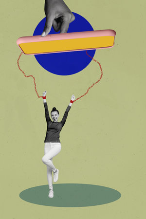 Vertical poster collage young woman victory winner celebrate success smartphone addiction chains touchscreen display social mediaの写真素材