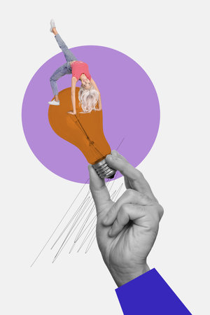 Vertical poster collage happy joyful girl lightbulb smart decision human hand eureka body fragment hold clever solution idea plantの写真素材
