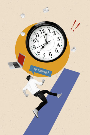 Creative abstract template collage of running man tired employee clock timer deadline late hurry...