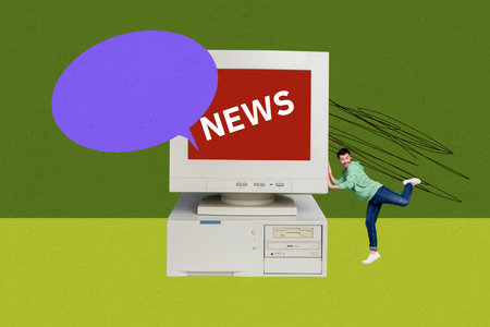 Creative collage picture young man computer monitor screen textbox message reply answer drawing doodles news mass media drawing doodlesの写真素材