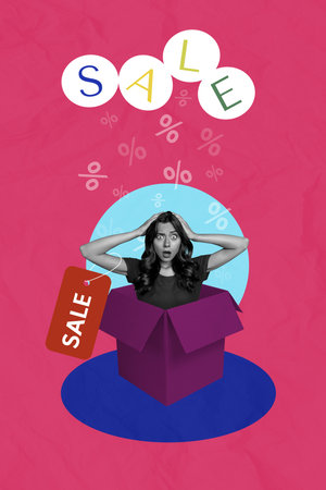 Sketch image composite artwork collage of black friday buy brand shopper offer percent small young lady omg face appear huge box shockedの写真素材