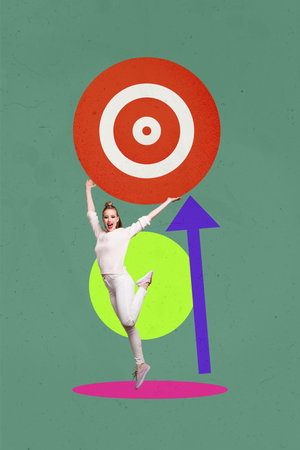 Vertical poster collage young woman leadership inspiration target goal aim improvement direction progress motivation drawing backgroundの写真素材