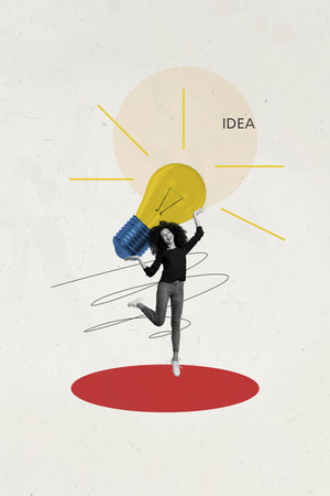 Image sketch collage of positive cheerful happy woman hold huge lamp isolated on drawing backgroundの写真素材