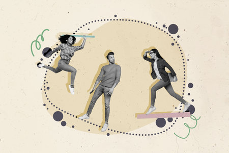 Composite artwork sketch photo collage of workspace coworker cooperation three person young woman man work together platform hold laptopの写真素材