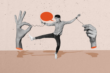 Picture artwork collage of funny man tied hands marionette addiction empty space isolated on drawing backgroundの写真素材