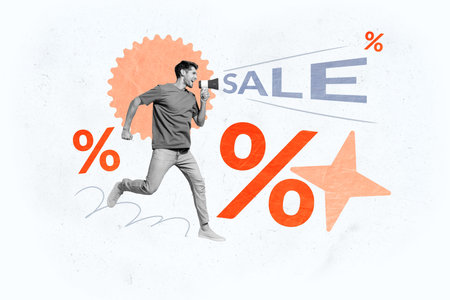 Composite trend artwork sketch image collage of shopping consumerism banner sale discount percent buy young guy run proclaim loudspeakerの写真素材