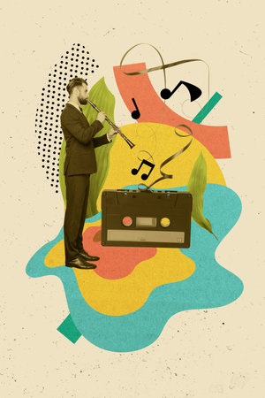 Composite collage picture image of musician flutist cassette performance bizarre unusual fantasy billboard comicsの写真素材