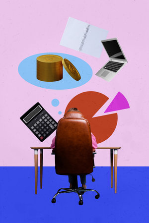Vertical poster collage workaholic office job worker accountant occupation calculator finance money stack laptop digital device businessの写真素材