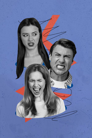 Vertical image collage young people aggression conflict argument scream shout mental pressure issues...